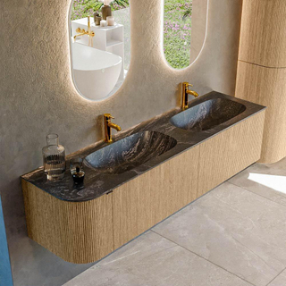 MONDIAZ KURVE-DLUX 175cm badmeubel met module 25 L kleur Oak met 2 lades en 1 deur. Wastafel STOR SMALL dubbel / rechts 2 kraangaten kleur Lava.