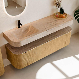 MONDIAZ THOR-DLUX 160cm badmeubel ronding links + rechts kleur Oak met 1 lade en 2 deuren. Vrijhangende wastafel CLOUD Links 1 kraangat kleur Saba.