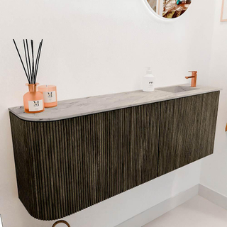 Mondiaz JOYA-DLUX Meuble de salle de bains 111.6cm - arrondi gauche couleur Shadow - Vasque FAYE position Droite 1 trou de robinet couleur Glace