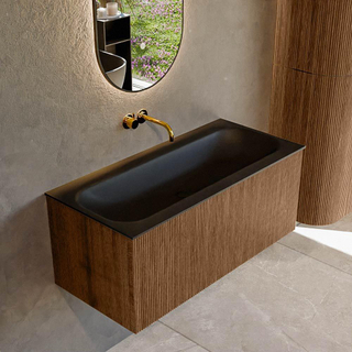 MONDIAZ KURVE 100cm Meuble salle de bain - couleur Walnut - 1 tiroir - vasque BIG MEDIUM centre - sans trous de robinet - Urban