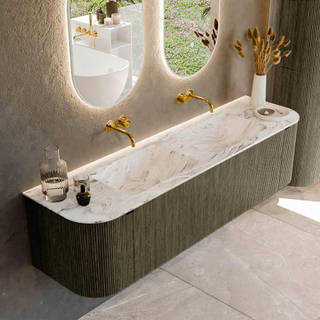 Mondiaz KURVE-DLUX Ensemble de meuble salle de bain - 170x46x40cm - 1 tiroir - 2 portes - lavabo en solid surface - double - sans trou de robinet - Shadow