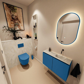 MONDIAZ TURE-DLUX Meuble toilette - 80cm - Jeans - EDEN - vasque Ostra - position droite - sans trou de robinet