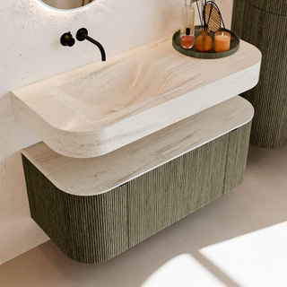 MONDIAZ THOR-DLUX Meuble de salle de bains - 110cm - arrondi gauche + droite - couleur Shadow - 1 tiroir et 2 portes - Vasque suspendue CLOUD Gauche sans trou de robinet - couleur Meli