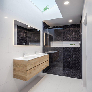 ENSEMBLE DE MEUBLE MONDIAZ VICA - 150 cm - 2 tiroirs - lavabo Moon double - 2 trous de robinet - solid surface chêne blanchi