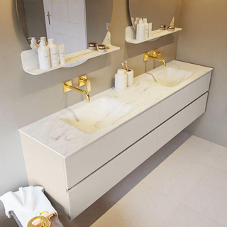 Mondiaz VICA-DLUX ensemble de meuble de salle de bain - 200cm - meuble sous-vasque lin - 4 tiroirs - lavabo encastrée nuage double - sans trous de robinet - version haute de 60cm - opalo