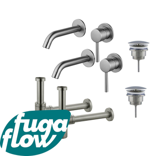 FugaFlow Eccelente Sobrado Badkamer Slim Wastafelkraanset - voor dubbele wastafel - inbouw wastafelkraan - always open plug - design sifon - PVD Geborsteld RVS -