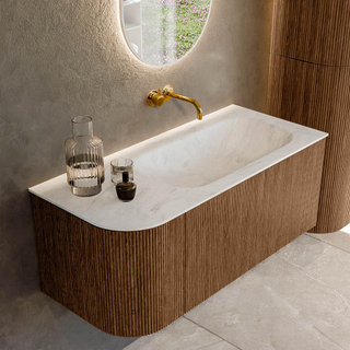 MONDIAZ KURVE-DLUX 105cm Meuble salle de bain avec module 25 G - couleur Walnut - 1 tiroir - 1 porte - vasque BIG SMALL droite - sans trou de robinet - couleur Opalo