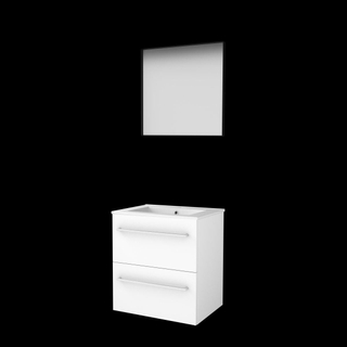 Basic-Line ensemble de meubles de salle de bain 60x46cm avec poignées 2 tiroirs lavabo en porcelaine 1 trou pour robinet miroir noir mat cadre aluminium tout autour mdf laqué blanc glacier