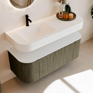 MONDIAZ THOR 120cm meuble de salle de bains arrondi gauche + droite couleur Shadow avec 1 tiroir et 2 portes. Vasque suspendue CLOUD gauche 1 trou de robinet couleur Talc.