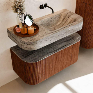 MONDIAZ THOR-DLUX 100cm meuble de salle de bains arrondi gauche + droite couleur Ruby avec 1 tiroir et 2 portes. Vasque suspendue CLOUD droite sans trou de robinet couleur Oza.