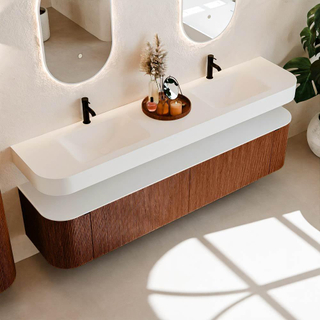 MONDIAZ THOR 200cm meuble de salle de bains arrondi gauche + droite couleur Ruby avec 2 tiroirs et 2 portes. Vasque suspendue CLOUD Double 2 trous de robinet couleur Talc.