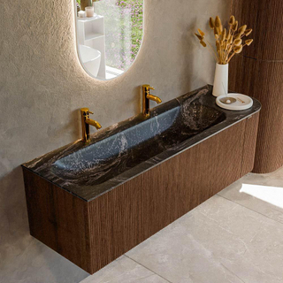 MONDIAZ KURVE-DLUX 145cm badmeubel met module 25 R kleur Walnut met 1 lade en 1 deur. Wastafel BIG LARGE links 2 kraangaten kleur Lava.