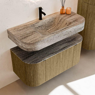 MONDIAZ THOR-DLUX 100cm meuble de salle de bains arrondi gauche + droite couleur Dusk avec 1 tiroir et 2 portes. Vasque suspendue CLOUD Milieu 1 trou de robinet couleur Oza.