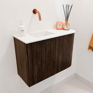 Mondiaz JOYA 61.6cm toiletmeubel - ronding rechts kleur Walnut - Wastafel FAYE positie Links Zonder kraangat kleur Talc.