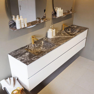 Mondiaz VICA-DLUX ensemble de meuble de salle de bain - 200cm - meuble sous-vasque talc - 4 tiroirs - lavabo encastré cloud double - 2 trous de robinet - miroir modèle spot - version XL 60cm de haut - lave