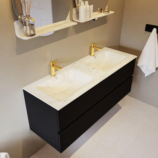 Mondiaz VICA-DLUX ensemble de meuble de salle de bain - 130cm - meuble sous-vasque urbain - 4 tiroirs - lavabo encastré cloud double - 2 trous de robinet - version haute de 60cm - opalo