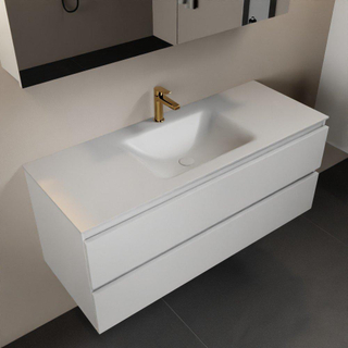 Mondiaz Aivy badmeubelset - 120x45x50cm - 1 kraangat - 1 wasbak talc Solid surface - Midden - 2 lades - Met spiegelkast - MDF Talc