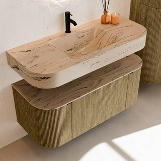 MONDIAZ THOR-DLUX 110cm meuble de salle de bains arrondi gauche + droite couleur Dusk avec 1 tiroir et 2 portes. Vasque suspendue CLOUD Milieu 1 trou de robinet couleur Arena.