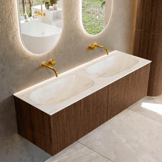 MONDIAZ KURVE-DLUX 140cm Meuble salle de bain - couleur Walnut - 2 tiroirs - vasque STOR SMALL double - sans trou de robinet - couleur Ostra