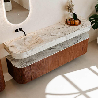 MONDIAZ THOR-DLUX 180cm meuble de salle de bains arrondi gauche + droite couleur Ruby avec 2 tiroirs et 2 portes. Vasque suspendue CLOUD Gauche sans trou de robinet couleur Glace.