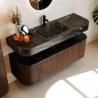 MONDIAZ THOR-DLUX 140cm meuble de salle de bains arrondi gauche + droite couleur Walnut avec 1 tiroir et 2 portes. Vasque suspendue CLOUD Milieu 1 trou de robinet couleur Lava.