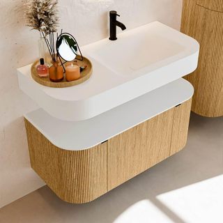 MONDIAZ THOR 100cm meuble de salle de bains arrondi gauche + droite couleur Oak avec 1 tiroir et 2 portes. Vasque suspendue CLOUD Droite 1 trou de robinet couleur Talc.