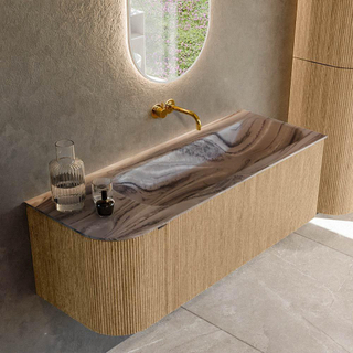 MONDIAZ KURVE-DLUX 125cm badmeubel ronding Links kleur Oak met 1 lade en 1 deur. Wastafel BIG MEDIUM Rechts zonder kraangat Sombra.