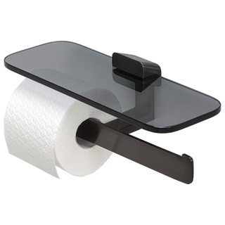 Geesa Shift Porte-papier toilette double métal noir brossé avec tablette en verre fumé