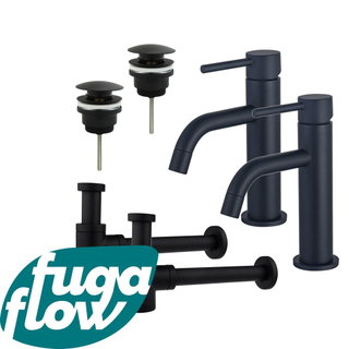 FugaFlow Eccelente Sobrado Badkamer Slim Wastafelkraanset - voor dubbele wastafel - lage wastafelkraan - klikwaste plug - verlaagde design sifon - Mat zwart