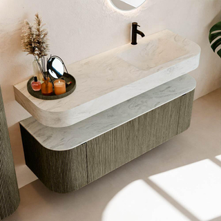 MONDIAZ THOR-DLUX 140cm meuble de salle de bains arrondi gauche + droite couleur Shadow avec 1 tiroir et 2 portes. Vasque suspendue CLOUD Droite 1 trou de robinet couleur Opalo.