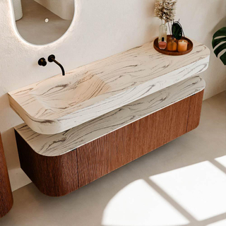 MONDIAZ THOR-DLUX 160cm meuble de salle de bains arrondi gauche + droite couleur Ruby avec 1 tiroir et 2 portes. Vasque suspendue CLOUD Gauche sans trou de robinet couleur Nata.