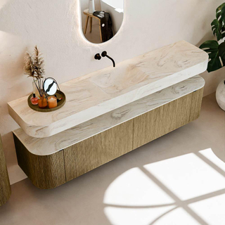 MONDIAZ THOR-DLUX 200cm meuble de salle de bains arrondi gauche + droite couleur Dusk avec 2 tiroirs et 2 portes. Vasque suspendue CLOUD Milieu sans trou de robinet couleur Ostra.