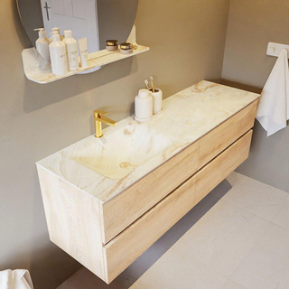 Mondiaz VICA-DLUX Ensemble de meuble de salle de bain - 150cm - meuble sous-vasque chêne blanchi - 4 tiroirs - lavabo encastré cloud gauche - 1 trou de robinet - version haute de 60cm - frape