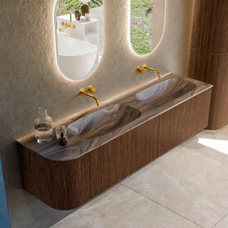 MONDIAZ KURVE-DLUX 175cm badmeubel ronding Links kleur Walnut met 2 lades en 1 deur. Wastafel STOR SMALL Dubbel / Rechts zonder kraangat Sombra.