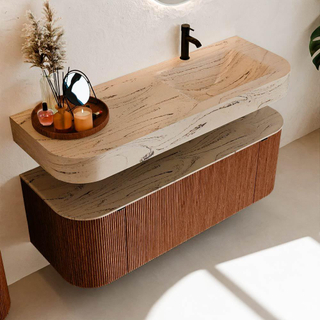 MONDIAZ THOR-DLUX 130cm meuble de salle de bains arrondi gauche + droite couleur Ruby avec 1 tiroir et 2 portes. Vasque suspendue CLOUD Droite 1 trou de robinet couleur Arena.