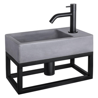 Differnz Force kit lave-mains - 40x22x8cm - Rectangulaire - 1 trou de robinet - Robinet courbé noir mat - avec cadre noir - Gris béton