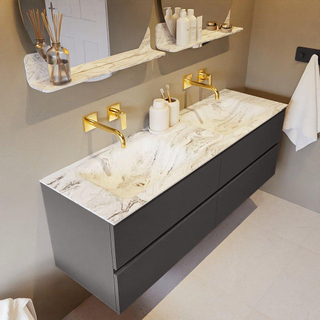 Mondiaz VICA-DLUX ensemble de meuble de salle de bain - 150cm - meuble sous-vasque gris foncé - 4 tiroirs - lavabo encastré cloud double - sans trous de robinet - version haute de 60cm - glace