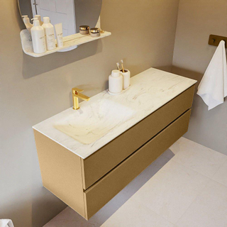 Mondiaz VICA-DLUX ensemble de meuble de salle de bain - 130cm - meuble sous-vasque oro - 2 tiroirs - lavabo encastré cloud gauche - 1 trou de robinet - version haute de 60cm - opalo