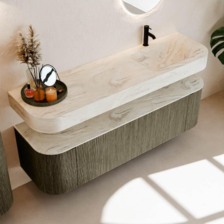 MONDIAZ THOR-DLUX 160cm meuble de salle de bains arrondi gauche + droite couleur Shadow avec 1 tiroir et 2 portes. Vasque suspendue CLOUD Droite 1 trou de robinet couleur Ostra.