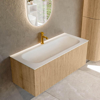 MONDIAZ KURVE 110cm Meuble salle de bain - couleur Oak - 1 tiroir - vasque BIG MEDIUM centre - 1 trou de robinet - Talc