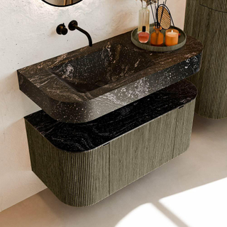 MONDIAZ THOR-DLUX 100cm badmeubel ronding links + rechts kleur Shadow met 1 lade en 2 deuren. Vrijhangende wastafel CLOUD Links zonder kraangat kleur Lava.