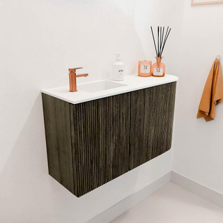 Mondiaz JOYA Meuble de salle de bains 71,6cm - arrondi droit couleur Shadow - Vasque FAYE position Gauche 1 trou de robinet couleur Talc