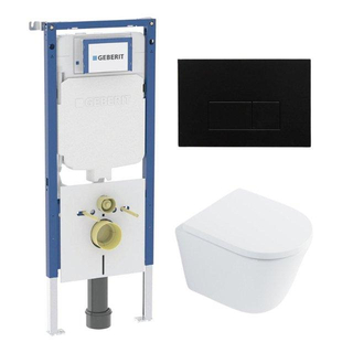QeramiQ Dely Toiletset - 36.3x51.7cm - diepspoel - rimless - Geberit UP720 inbouwreservoir - softclose toilet zitting 35 mm - kunstof mat zwarte bedieningsplaat - rechthoekige knoppen - wit glans