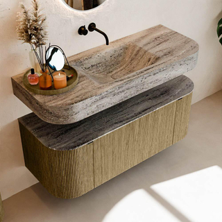 MONDIAZ THOR-DLUX 120cm meuble de salle de bains arrondi gauche + droite couleur Dusk avec 1 tiroir et 2 portes. Vasque suspendue CLOUD Milieu sans trou de robinet couleur Oza.