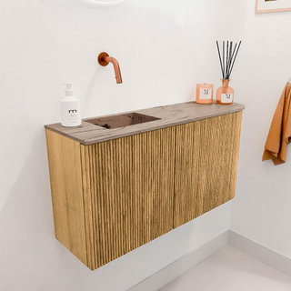 Mondiaz JOYA-DLUX 81.6cm toiletmeubel - ronding rechts kleur Oak - Wastafel FAYE positie Links Zonder kraangat kleur Arena.