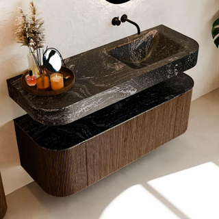 MONDIAZ THOR-DLUX 130cm meuble de salle de bains arrondi gauche + droite couleur Walnut avec 1 tiroir et 2 portes. Vasque suspendue CLOUD droite sans trou de robinet couleur Lava.