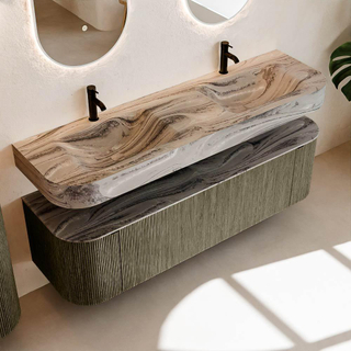 MONDIAZ THOR-DLUX 160cm meuble de salle de bains arrondi gauche + droite couleur Shadow avec 1 tiroir et 2 portes. Vasque suspendue CLOUD Double 2 trous de robinet couleur Sombra.