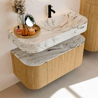 MONDIAZ THOR-DLUX 100cm badmeubel ronding links + rechts kleur Oak met 1 lade en 2 deuren. Vrijhangende wastafel CLOUD Rechts 1 kraangat kleur Glace.