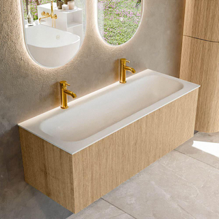 MONDIAZ KURVE 120cm Meuble salle de bain - couleur Oak - 1 tiroir - vasque BIG LARGE centre - 2 trous de robinet - Talc