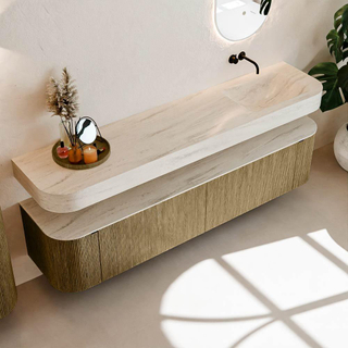 MONDIAZ THOR-DLUX Meuble de salle de bains - 200cm - arrondi gauche + droite - couleur Dusk - 2 tiroirs - 2 portes - Vasque suspendue CLOUD Droite sans trou de robinet - couleur Meli